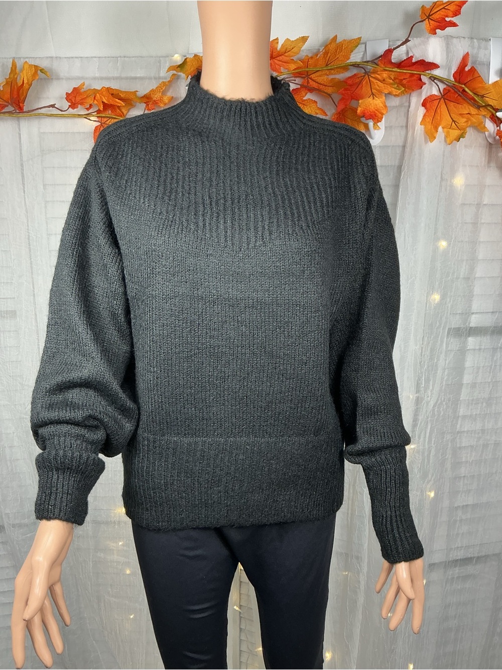 Zenana Balloon Sleeve Mock Neck Sweater - Black